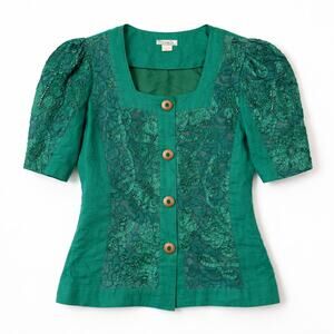 Vintage Green Blazer Cottagecore Coquette Fairy Puffed Sleeves Embroidery Lace